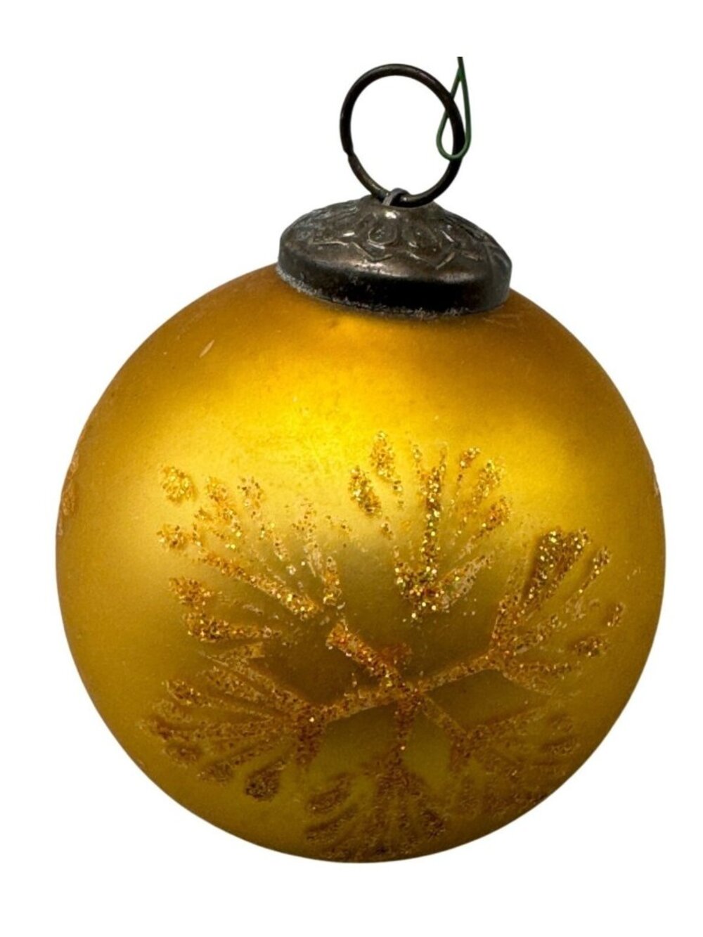 vintage metal glass Christmas tree bulb ornament gold snowflake heavier 4" READ